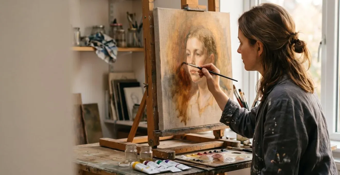 Contemporary British artist working on a large-scale figurative oil painting using traditional Old Master techniques in a modern London studio