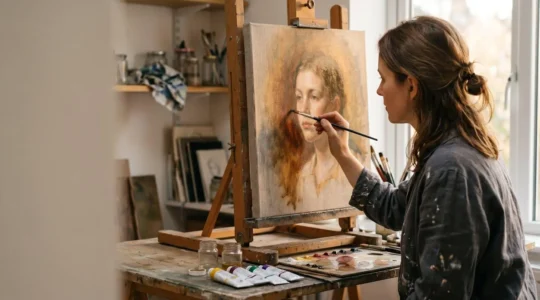 Contemporary British artist working on a large-scale figurative oil painting using traditional Old Master techniques in a modern London studio