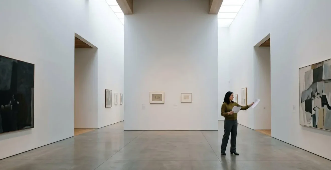 A curator reviewing exhibition layout plans in a contemporary museum gallery with artworks in background