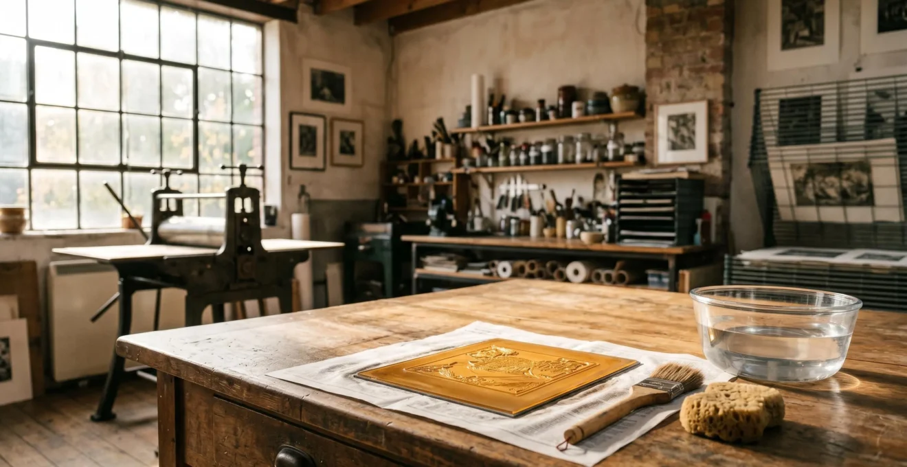 Professional printmaking studio setup showing photopolymer plate preparation for non-toxic intaglio process