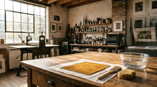 Professional printmaking studio setup showing photopolymer plate preparation for non-toxic intaglio process