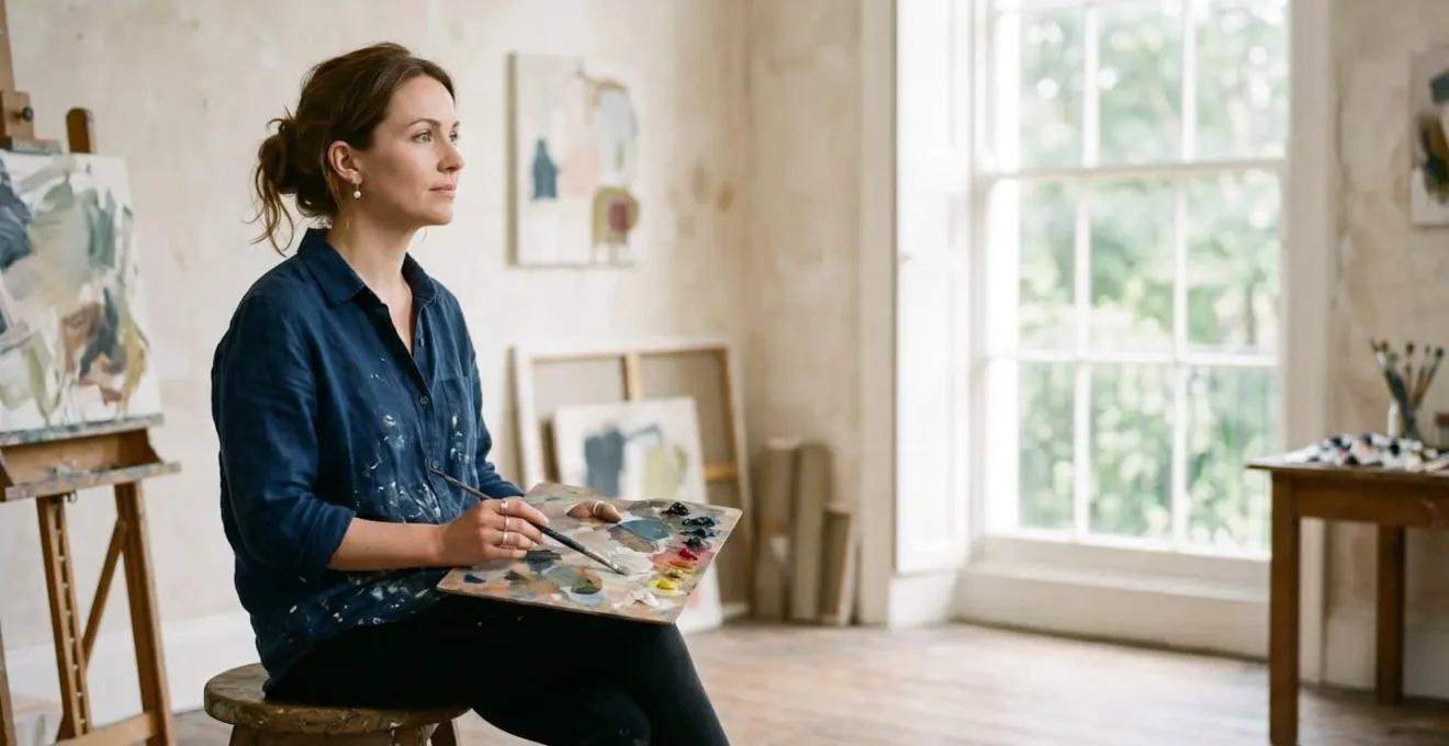 Professional portrait artist at work in a British studio contemplating career success