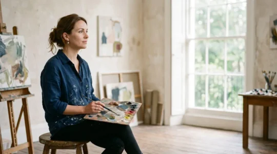 Professional portrait artist at work in a British studio contemplating career success