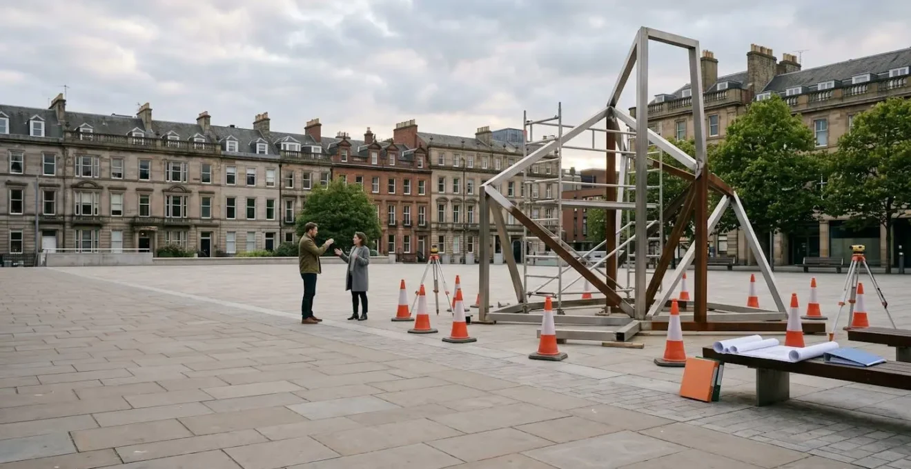 Wide-angle view of public art installation planning process in UK urban environment