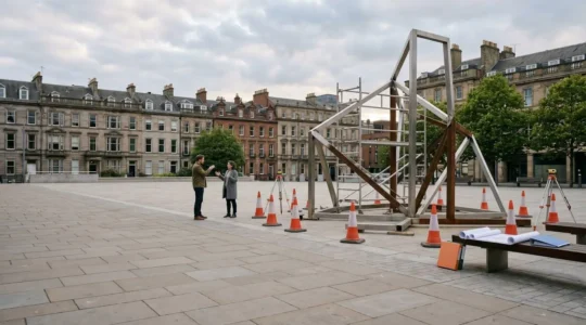 Wide-angle view of public art installation planning process in UK urban environment