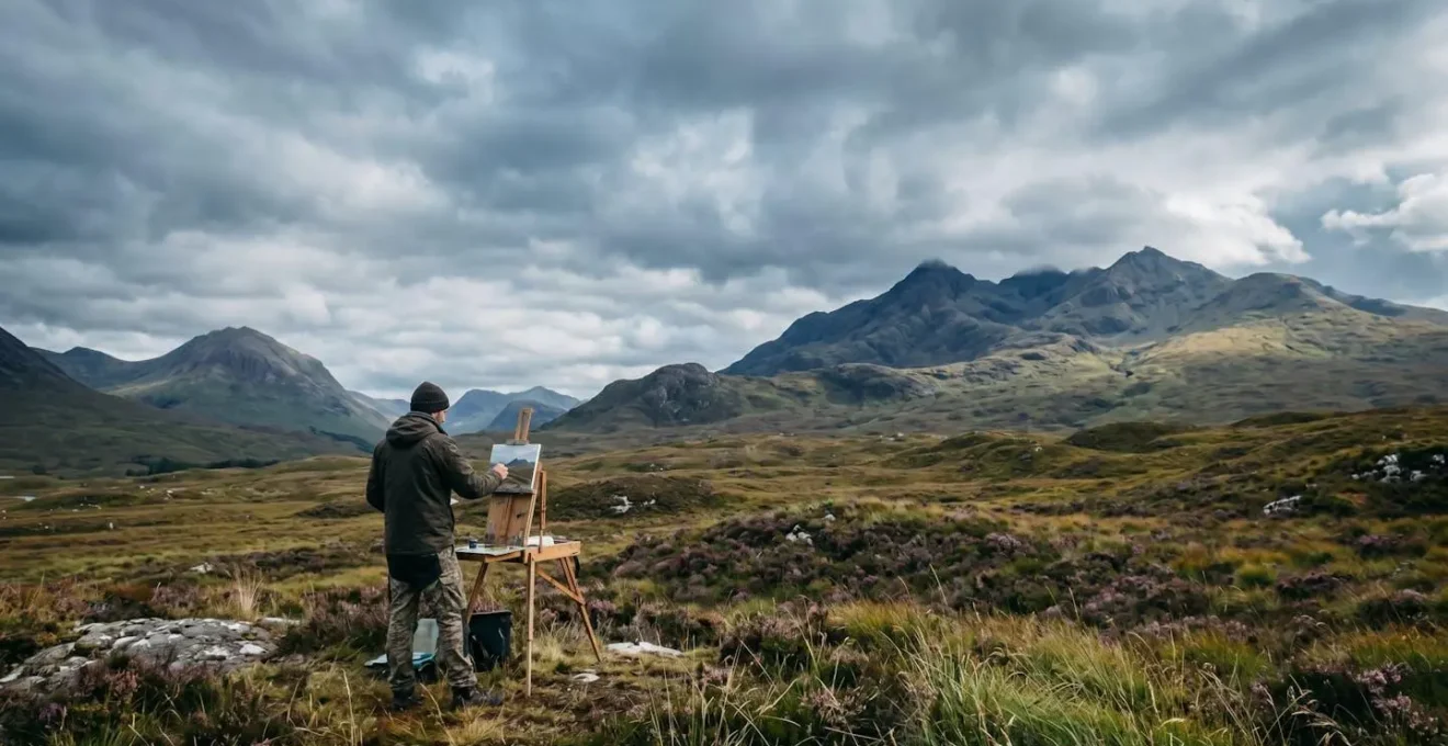 Artist painting en plein air on Scottish Highland moorland with dramatic mountain peaks and moody sky