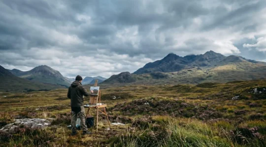 Artist painting en plein air on Scottish Highland moorland with dramatic mountain peaks and moody sky