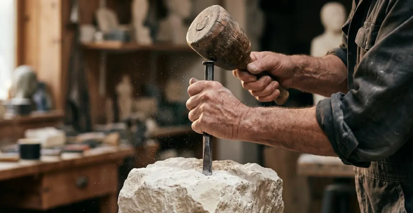Close-up view of sculptor's hands working on a raw stone block using traditional direct carving technique