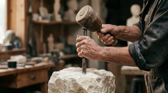 Close-up view of sculptor's hands working on a raw stone block using traditional direct carving technique