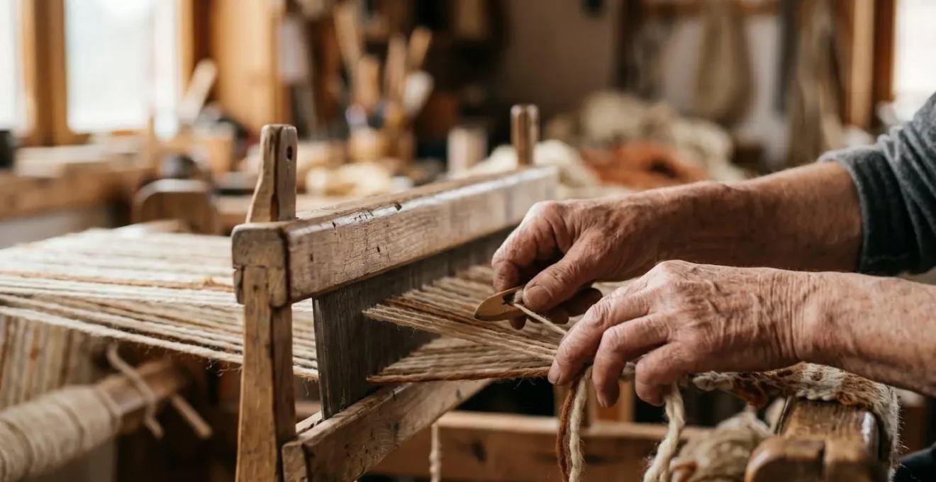 Close-up of artisan hands carefully weaving natural fiber threads on traditional loom in warm natural light