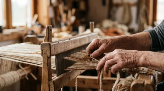 Close-up of artisan hands carefully weaving natural fiber threads on traditional loom in warm natural light