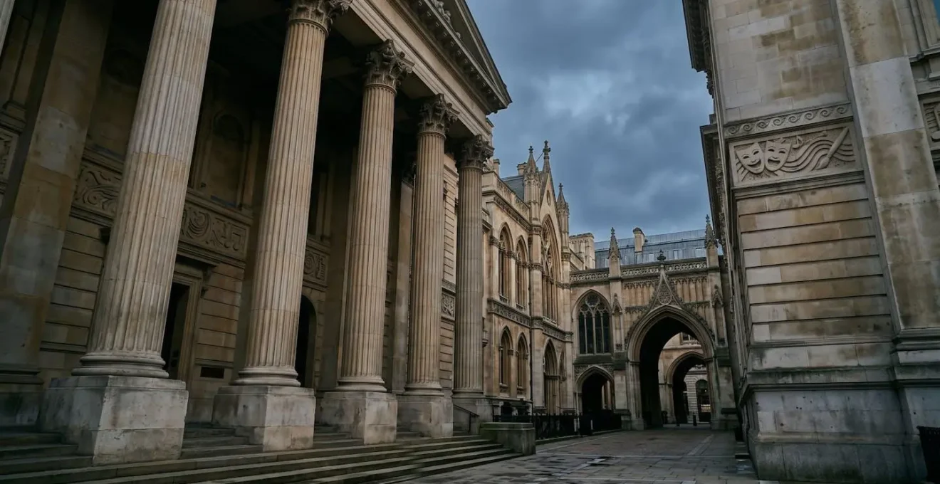 British Parliament building with cultural arts symbols representing national policy debate