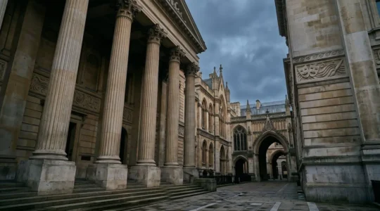 British Parliament building with cultural arts symbols representing national policy debate