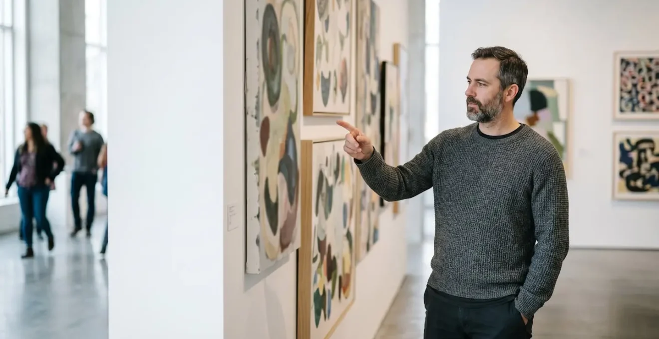Art collector examining contemporary paintings at a UK university degree show exhibition