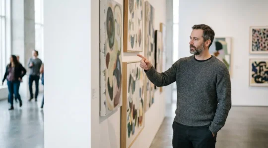 Art collector examining contemporary paintings at a UK university degree show exhibition
