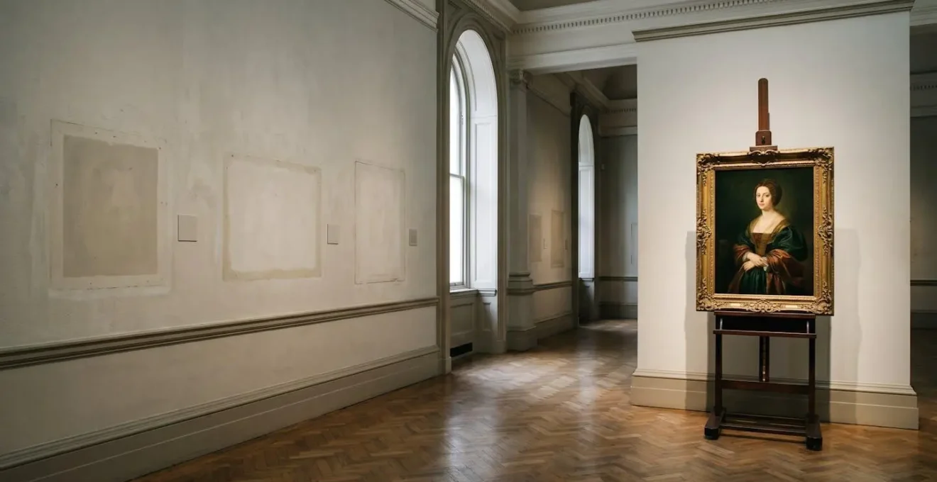 Empty museum gallery spaces juxtaposed with valuable artwork, symbolizing the ethical tension of institutional survival