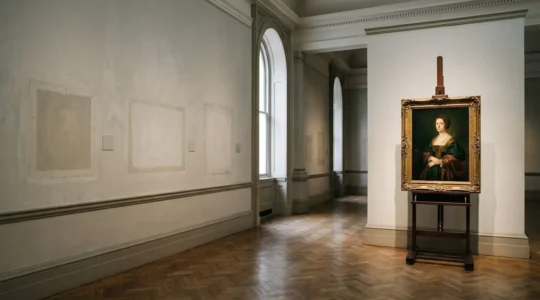 Empty museum gallery spaces juxtaposed with valuable artwork, symbolizing the ethical tension of institutional survival