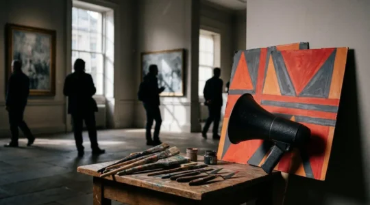 Conceptual representation of art meeting political activism in UK cultural landscape