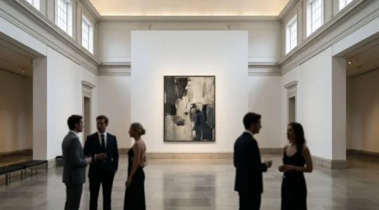 Sophisticated art auction scene capturing the dynamic resilience of London's contemporary art market