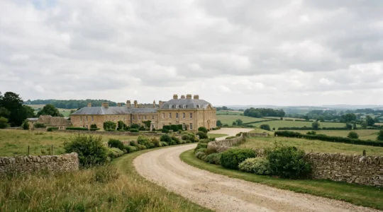 Wide panoramic view of British art destination with historical architecture and cultural landmarks