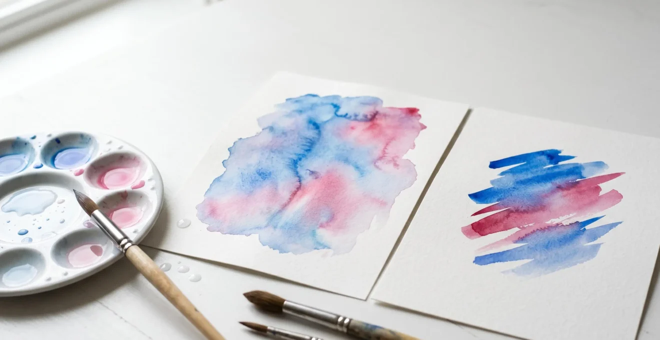 Professional watercolor painting demonstration showing the contrast between flowing wet-on-wet technique and controlled wet-on-dry brushwork on quality cotton paper
