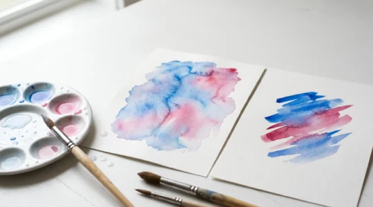 Professional watercolor painting demonstration showing the contrast between flowing wet-on-wet technique and controlled wet-on-dry brushwork on quality cotton paper