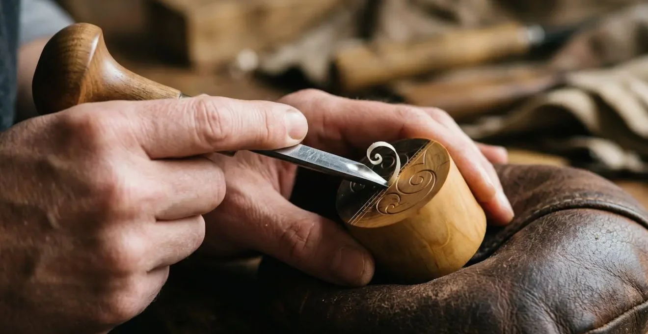 Close-up of engraver's hands guiding burin through dense boxwood end-grain block with fine detail lines