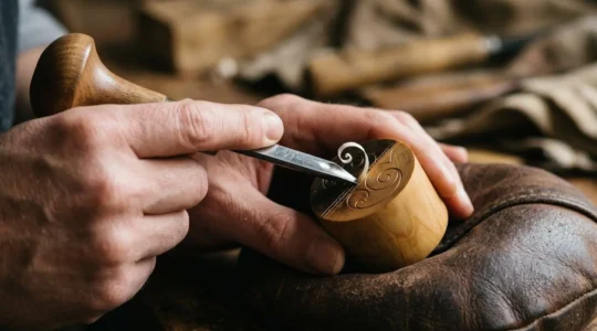 Close-up of engraver's hands guiding burin through dense boxwood end-grain block with fine detail lines